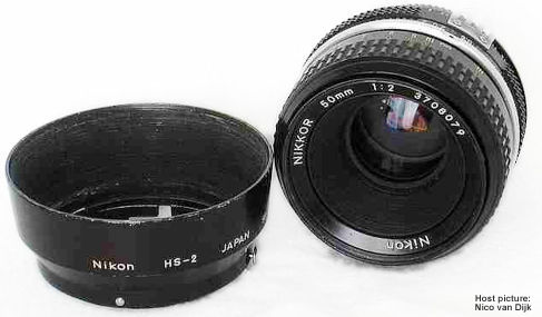Nikkor ai 50mm f/2.0 standard lens with matching metal lens hood HS-2
