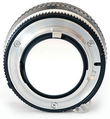 The rear lens mountof the Nikkor 50mm f/1.2s