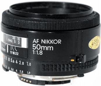 a side view of an early first generation  Nikon Autofocus Nikkor 50mm f/1.8s standard lens version II