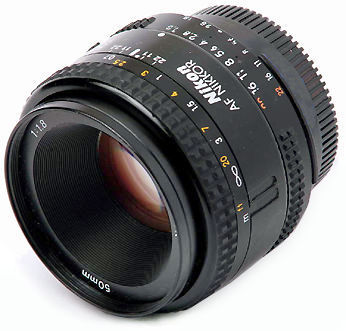 a nice front detailed view of an early first generation  Nikon Autofocus Nikkor 50mm f/1.8N standard lens version II