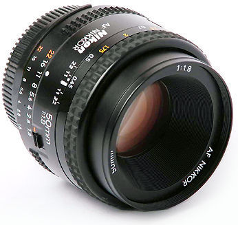 a nice front detailed view of an early first generation  Nikon Autofocus Nikkor 50mm f/1.8N standard lens version II