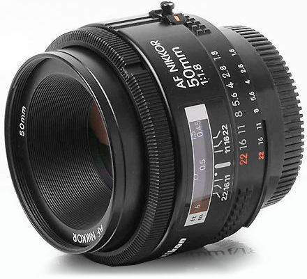 a nice front detailed view of an early first generation  Nikon Autofocus Nikkor 50mm f/1.8s standard lens version II