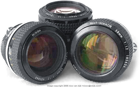 Three fast speed (f/1.2) Nikkor standard  lenses compared