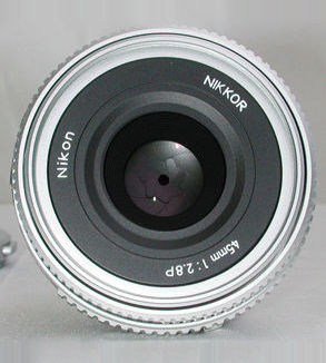 Front view with lens element for Manual Focus Nikkor 45mm f/2.8P Standard Lens