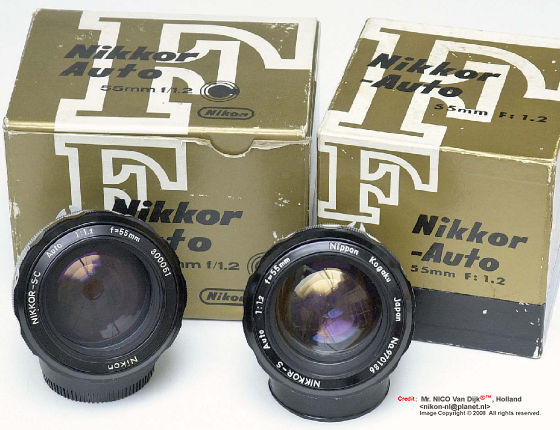 Old boxes for various versions of Nikkor 50mm lenses