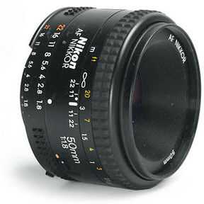 side detailed view of a typical  Nikon Autofocus Nikkor 50mm f/1.8N standard lens version II