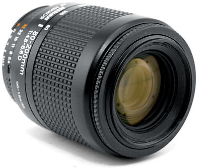 Side view of a NIkon AF Nikkor Zoom 80-200mm f/4.5~5.6D telephoto lens 