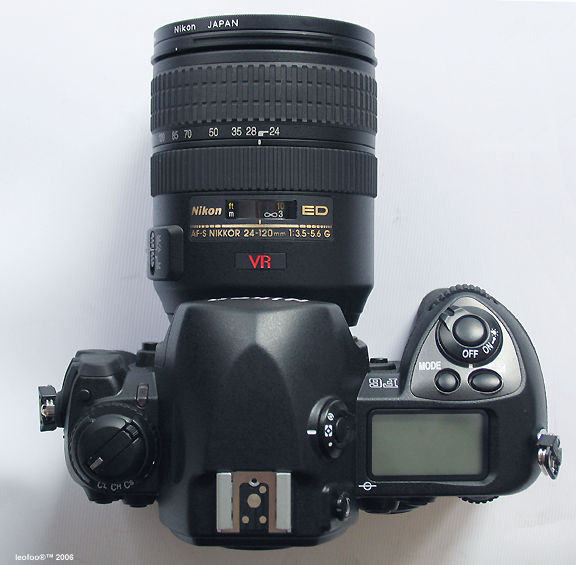 Nikon F6 mounted with an AF-S VR Zoom Nikkor 24-120mm f/3.5~5.6G zoom lens from the top