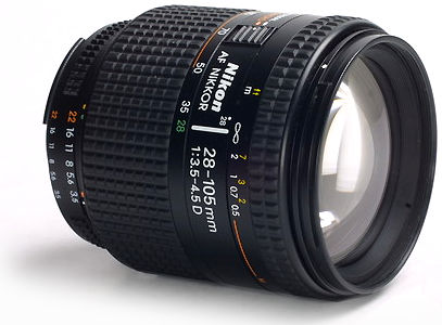 Side view of a Nikon AF Zoom Nikkor 28-105mm f/3.5~4.5D IF wide-tele zoom lens