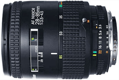 A side and detail illustration view of Nikon AF Zoom Nikkor 28-85mm f/3.5~4.5N Ai-S second version
