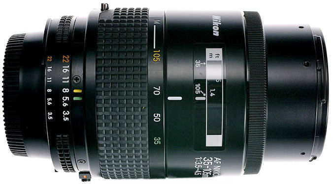 AF Zoom Nikkor 35-105mm f/3.5~4.5s wideangle-telephoto Zoom lens side view with various details