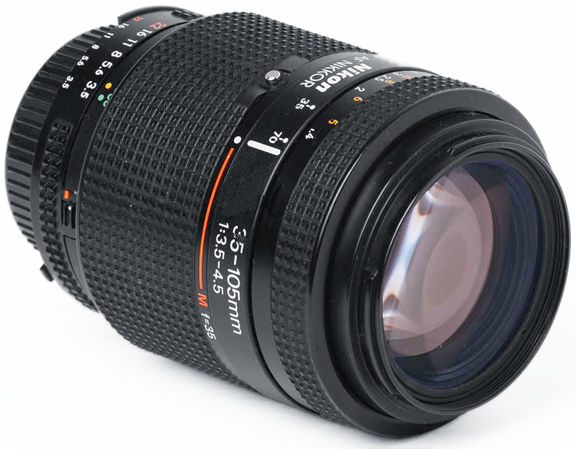 second version of the AF Zoom Nikkor 35-105mm f/3.5~4.5N (Mk II) wideangle-telephoto Zoom lens side view with various details