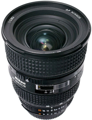AF Zoom Nikkor 20-35mm f/2.8D IF ultra wideangle Zoom lens front view with various details