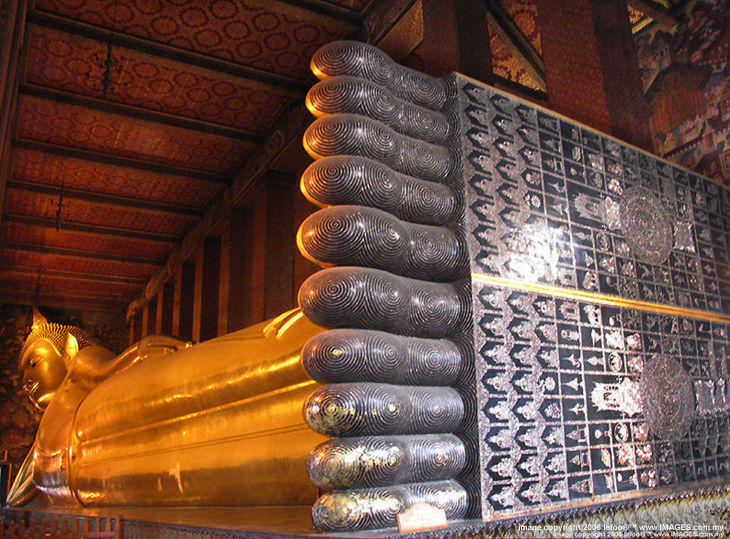 The reclining Buddha at Wat Pho, once a university and birth place for Thai trational massage