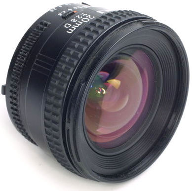 autofocus AF-Nikkor 20mm f/2.8D ultrawideangle lens side view with lens element