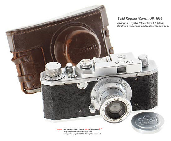 Seiki-Kogaku Canon J II rangefinder camera model, 1946 One of the rarest Canon cameras in very good original condition with matching collapsible Nippon-Kogaku Nikkor 3.5/5cm (1:3.5 f=5cm) standard lens, interesting items includes a chrome Nippon-Kogaku To