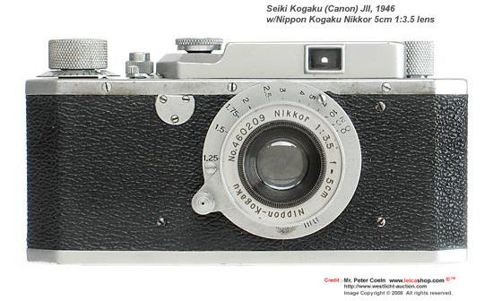 A very rare Canon JII rangefinder camera model with Nippon Kogaku's Nikkor standard lens 1:3.5 f=5cm / 50mm f/3.5