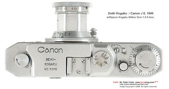 Top view of camera controls features for Canon / Seiki Kogaku JII camera model, 1946 with Nippon Kogaku KK Nikkor 50mm f/3.5 standard lens