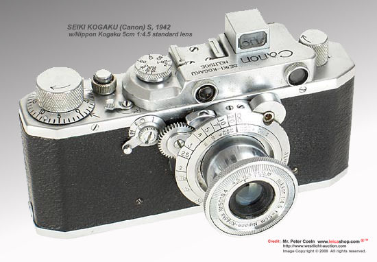 eiki-Kogaku Canon S rangefinder camera model, 1942 An early Canon with extremely rare Nippon-Kogaku Nikkor 4.5/5cm (1:4.5 f=5cm) standard lens. Approx. Year: c.1942 