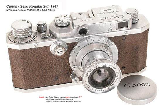 Seiki-Kogaku Canon S rangefinder camera model, 1942 An early Canon with extremely rare Nippon-Kogaku Nikkor 4.5/5cm (1:4.5 f=5cm) standard lens. Approx. Year: c.1942 