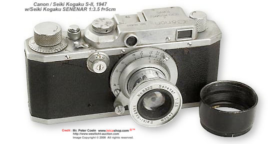 Seiki Kogaku (Canon) S-II rangefinder camera model, 1946 First version of the first post-war camera (production started with no.15,000), with rare and also very early Seiki-Kogaku Serenar1:3.5 f=5cm  (adjusted to fit this S-II), original black and early h