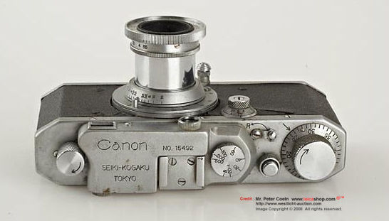Top camera control panel on Seiki Kogaku (Canon) S-II rangefinder camera model, 1946 