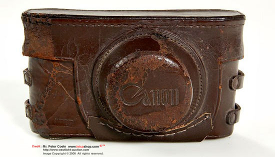 Brown leather camera case for Canon SII camera, 1948