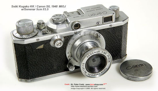 Seiki-Kogaku Canon S II rangefinder camera model, 1948  A similar model with base plate engraved: MADE IN OCCUPIED JAPAN, the lens used is a Serenar 3.5/5cm. It  has an old type Canon leather case. Approx. Year: 1948 