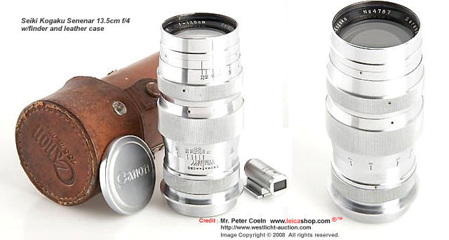 Canon Seiki-Kogaku Serenar 4/13.5cm (135mm f/4); very early Serenar, both original caps, Canon 13.5cm finder, all in matching leather case. Approx. Year: c.1947 