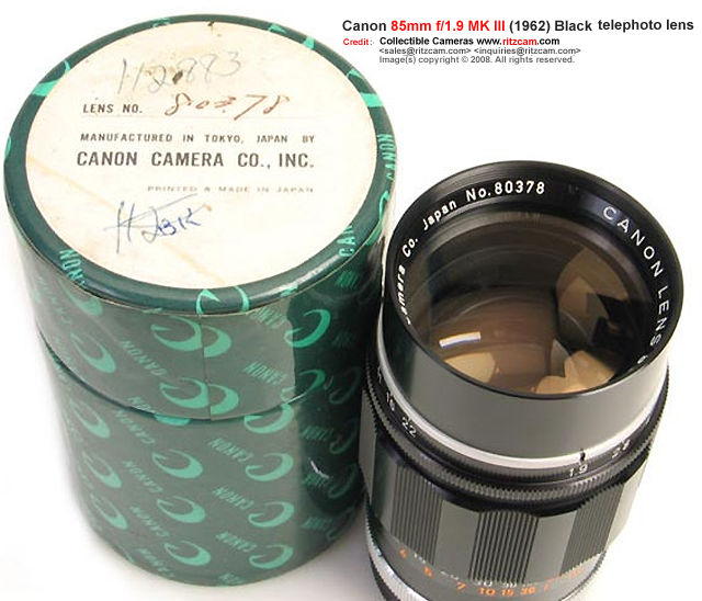 Details of lens box in green for this Black body Canon 85mm f/1.9 telephoto lens