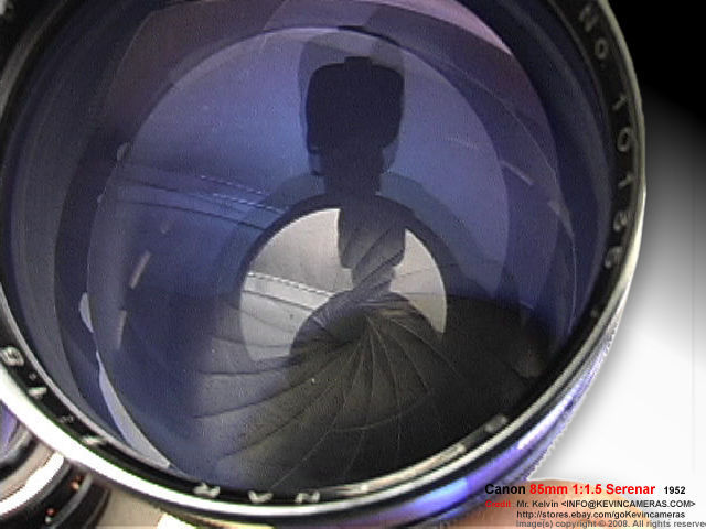 Reflective lens coating on a Canon SERENAR 85mm f/1.5 fast speed telephoto lens in all chrome finishing