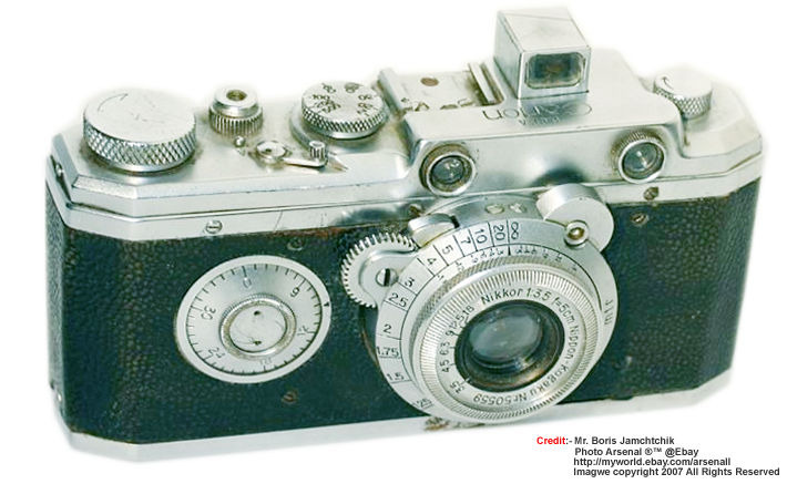 Canon Seiki Kogaku HANSA rangefinder camera model from view with Nippon Kogaku Nikkor 1:3.5 f= 5cm