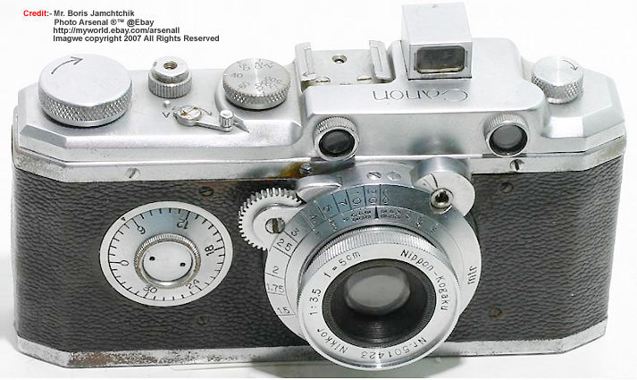 Canon Seiki Kogaku HANSA rangefinder camera model with no engraving from view with Nippon Kogaku Nikkor 1:3.5 f= 5cm