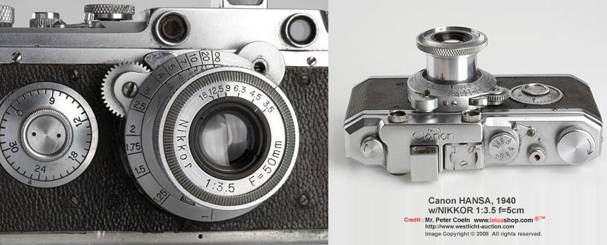 Canon Hansa with some early features (hot shoe etc.), unnumbered collapsible Nikkor 1:3.5 f=50mm (no Nippon Kogaku name at the front), base plate no.2779, original Hansa case; approx. Year: c.1940 Serial no. 505