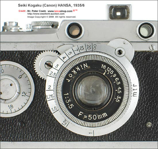 Seiki-Kogaku Canon Hansa; very early Canon Hansa, type 1 in very nice condition with 'black face' Nikkor 3.5/50mm, matching base-plate with number 1232, this in one of the earliest Canon cameras in fully original condition; approx.  Year: 1935/36 Serial 