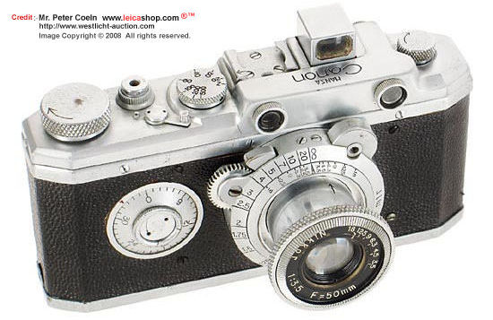 Seiki-Kogaku Canon Hansa; very early Canon Hansa, type 1 in very nice condition with 'black face' Nikkor 3.5/50mm, matching base-plate with number 1232, this in one of the earliest Canon cameras in fully original condition; approx.  Year: 1935/36 Serial 