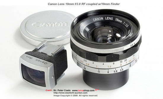 RF Canon 19mm f/3.5 Rangefinder ultrawideangle lens with original Canon 19mm optical Finder