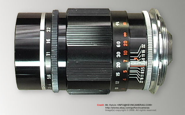Canon 100mm f/3.5 telephoto lenses for rangefinder Canon cameras side view with lens data, scales and features