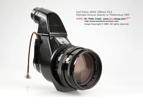 Carl Zeiss Jena Sonnar 2.8/18cm T; for Contax Jena, extremely rare black post-war Olympia-Sonnar with first version post-war Flektoskop no.10700 in fine condition, caps, fitted outfit case; approx. Year: 1947 