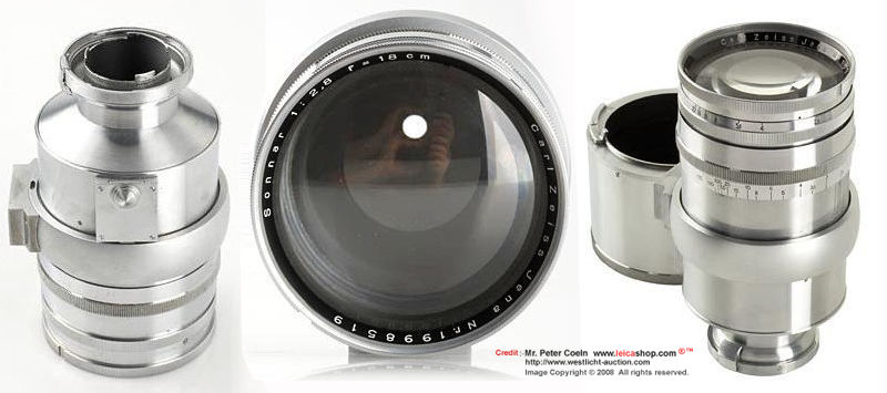 Front and side views of Carl Zeiss Jena Sonnar 180MM F/2.8 chrome Olympia-Sonnar 