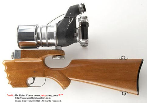 Carl Zeiss Jena Olympia Sonnar with Rifle stock; Contax III, chrome Sonnar 2.8/18cm no.2119822 with Flektoskop W.91225, original Zeiss Ikon rifle stock 543/75 - this device was developed for the Olympic games 1936 and is one of the most rare accessories f
