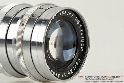 Front lens portion/section of a an old Contax RF mount Carl Zeiss JENA Tele-Tessar 1:6.3 f=18cm (180mm f/6.3) Telephoto lens for Contax, chrome version; approx. 
year of production:- 1936 
