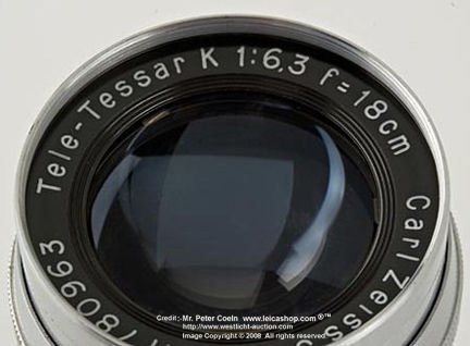 Lens data inscription of An old Contax RF mount Carl Zeiss JENA Tele-Tessar 1:6.3 f=18cm (180mm f/6.3) Telephoto lens for Contax, chrome version; approx. 
year of production:- 1936 