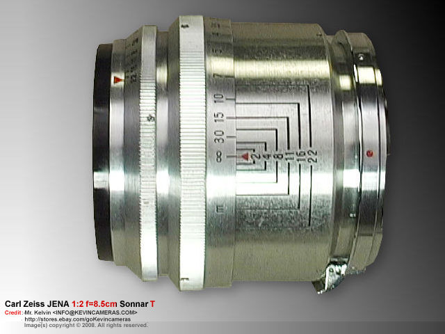 Side vie of lens tube and features of a Contax Carl Zeiss JENA Sonnar 1:2 f=8.5cm  (85mm f/2.0) Chrome Telephoto lens  front view