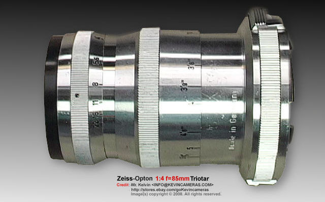 Rear section of the chrome lens barrel of a Zeiss-Opton Triotar 1:4 f=85mm (85mm f/4.0) telephoto lens