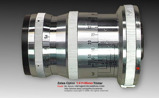 Side lens tube Chrome and features of a Zeiss-Opton Triotar 1:4 f=85mm (85mm f/4.0) telephoto lens