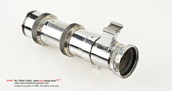 Carl ZeissCarl Zeiss Jena Tele-Tessar K 8/30cm; in Contax direct mount, non rangefinder coupled, prototype lens, some black/nickel, partly chrome finish, with a large accessory shoe mount, unique example from the former Zeiss optical lab; approx.  Year: 
