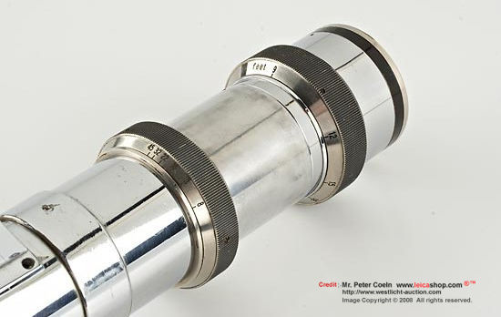 Carl ZeissCarl Zeiss Jena Tele-Tessar K 8/30cm; in Contax direct mount, non rangefinder coupled, prototype lens, some black/nickel, partly chrome finish, with a large accessory shoe mount, unique example from the former Zeiss optical lab; approx.  Year: 