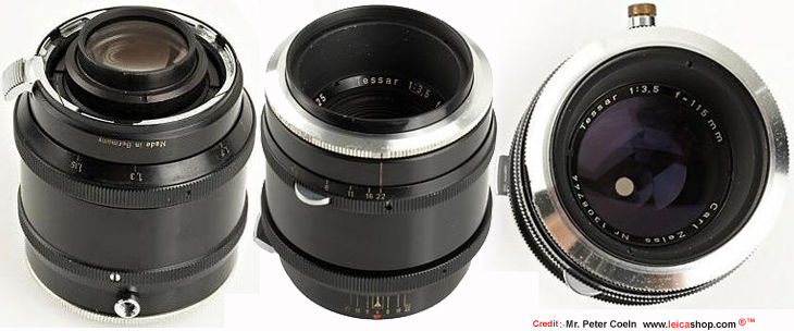 Three views, front, rear mount and lens barrel , Carl Zeiss Tessar 3.5/115mm DIRECT MOUNT model; for Contax, rare Panflex Tessar; approx. year: 1945 