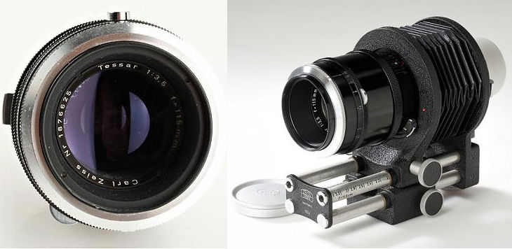 Carl Zeiss Tessar 3.5/115mm; for Contax, rare lens with bellows 1524, adapter 1523, both caps. Approx. Year: 1957 